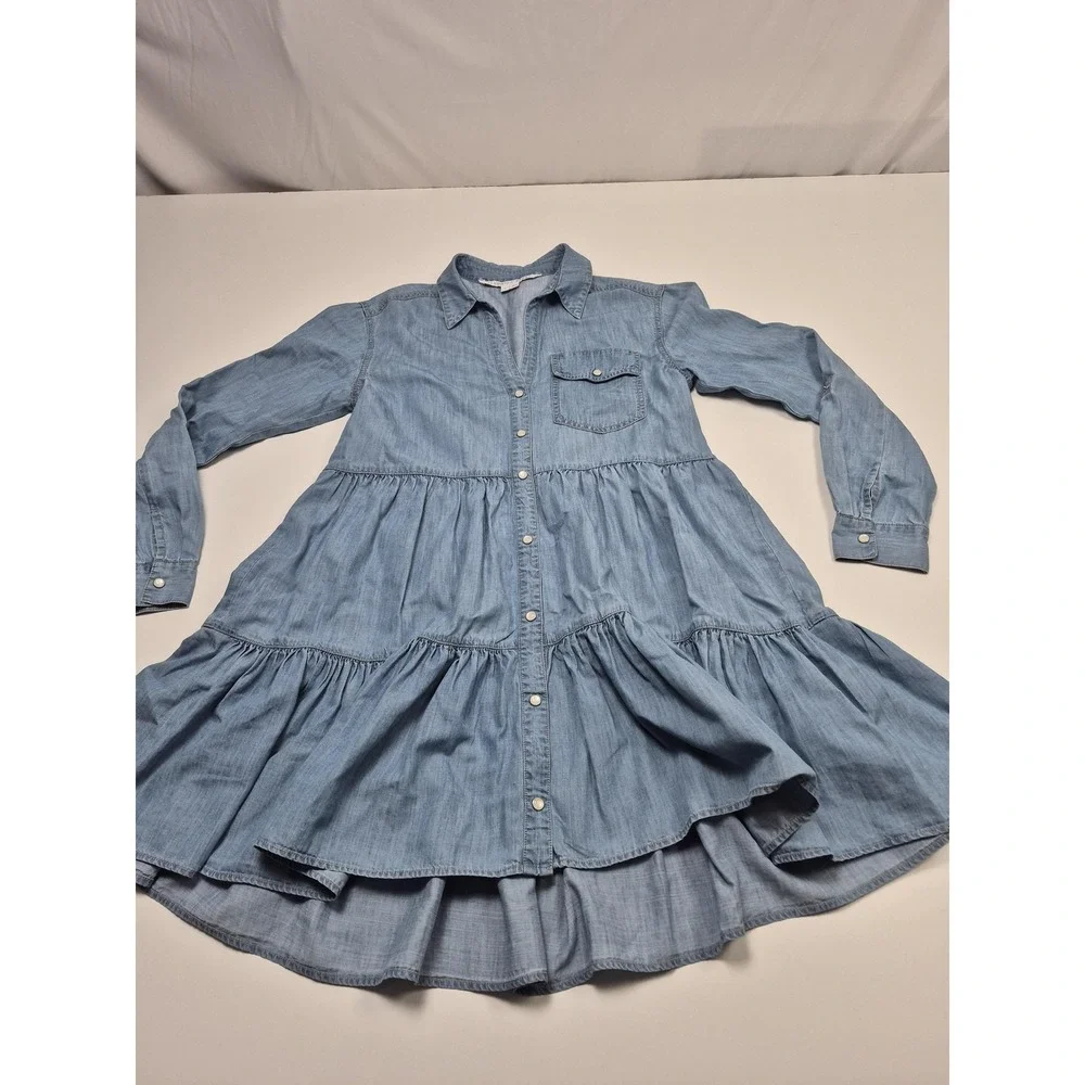 Veronica Beard Shirt Dress Womens 4 Blue Chambray Tiered Hi Low Long Sleeve
